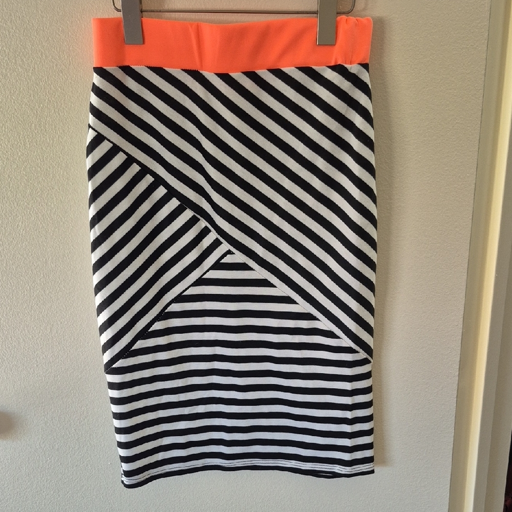 Rainbow Black and White Striped Midi Skirt with Orange Waistband